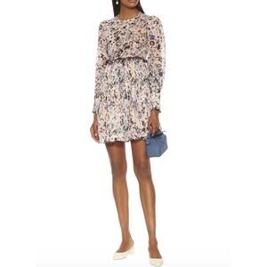 GANNI Floral Plisse Pleated Georgette Mini Dress in Ivory Floral